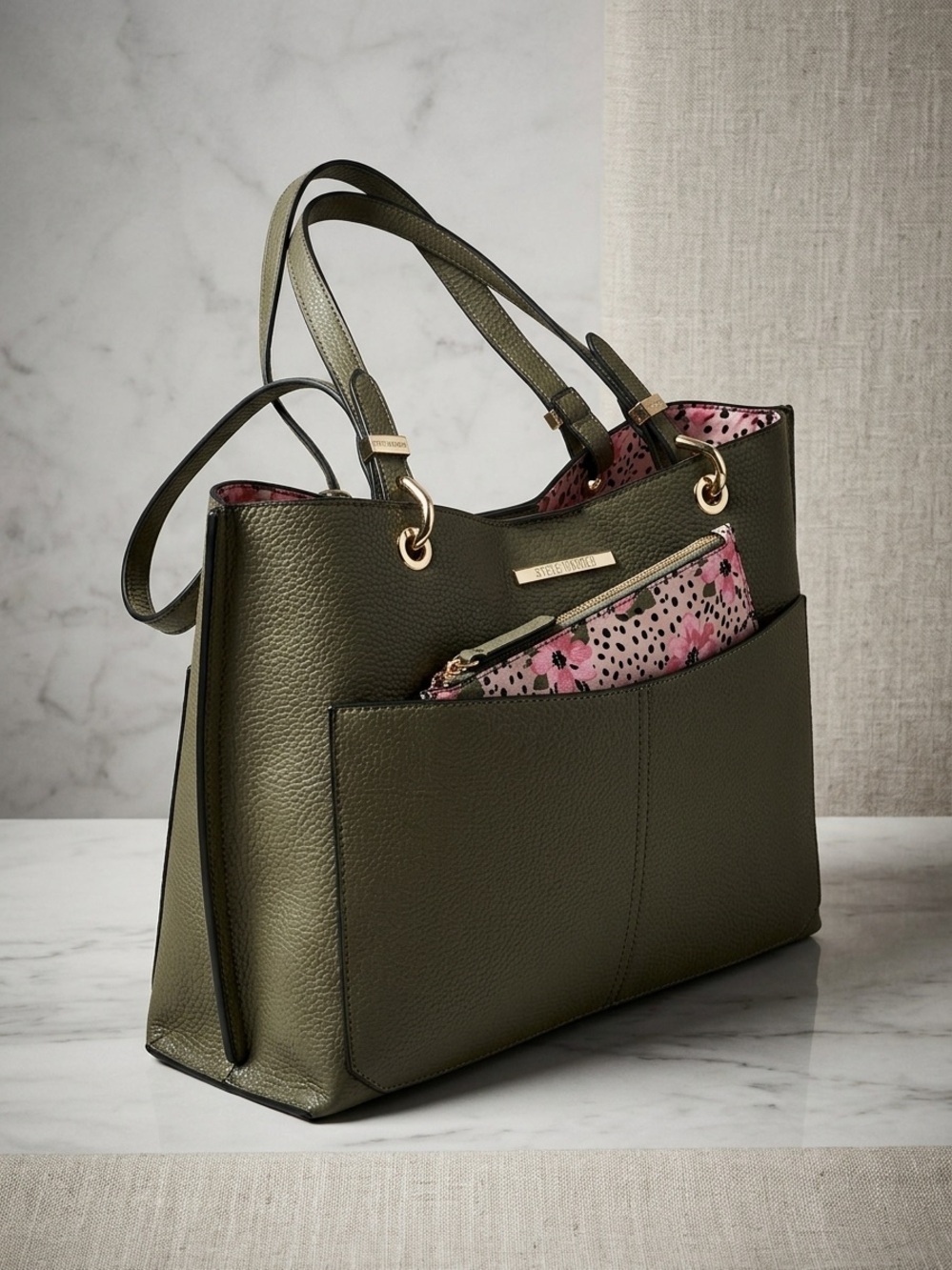 Steve Madden Olive Green Pebbled Faux Leather Tote Bag with Floral Pouch